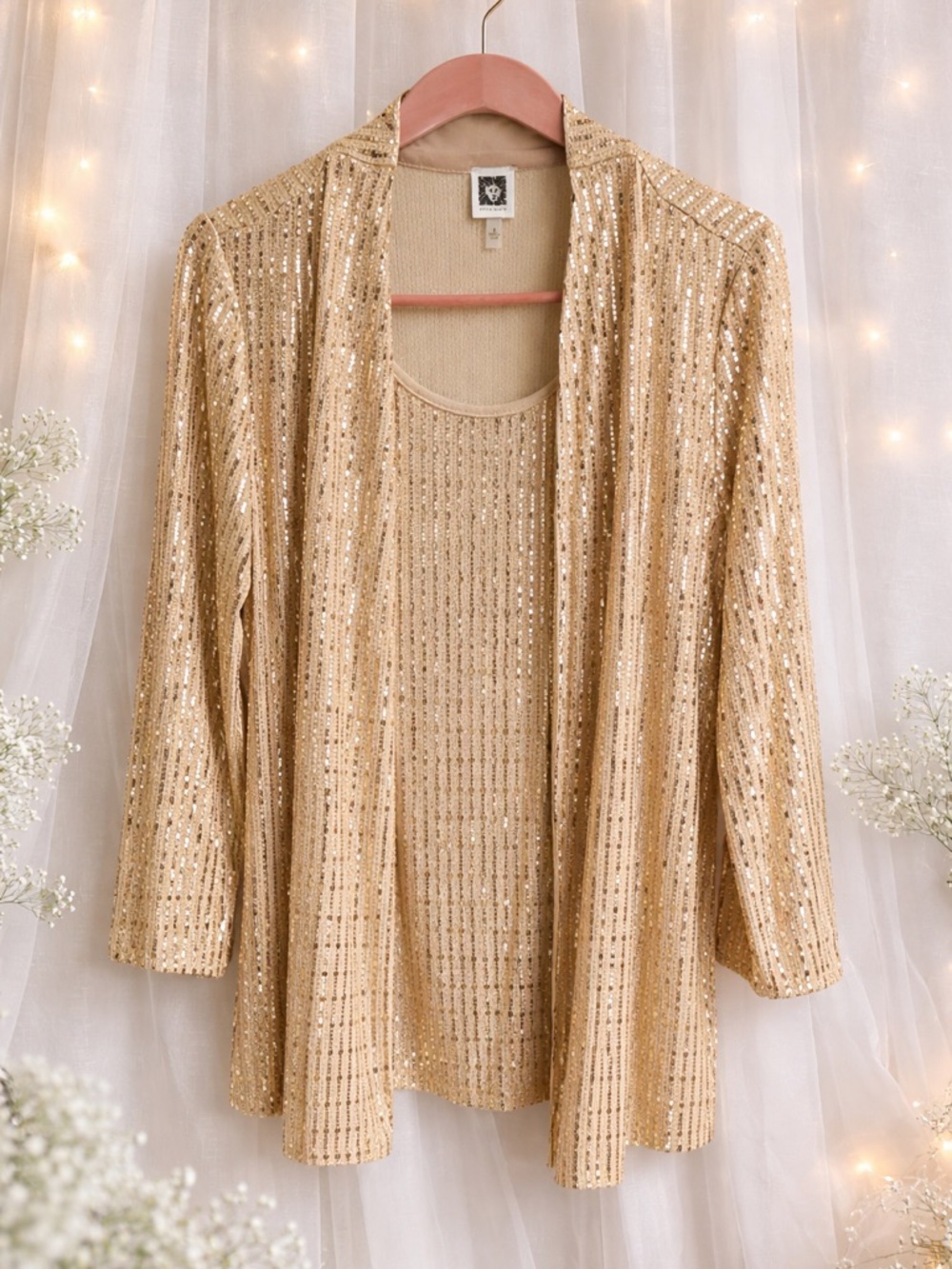 Anne Klein Gold Sequin Open Cardigan with Matching Tank